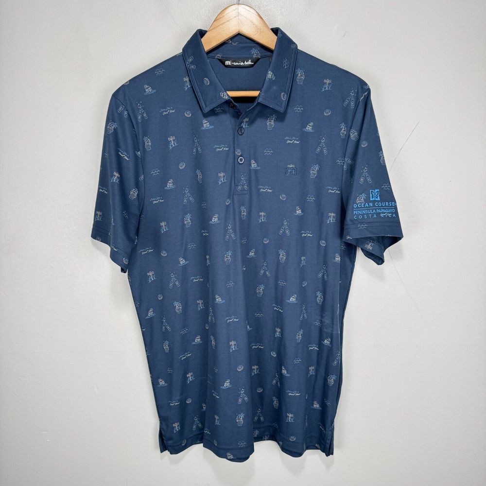 Travis Mathew Performance Polo Shirt Men Large Blue All Over Party Print‎ Ocean